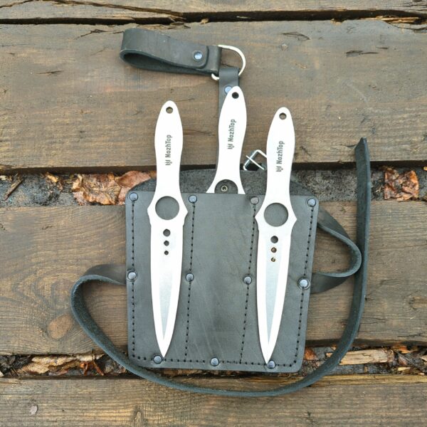 Set of 3 Kunai Skeleton Throwing Knives with Leather Sheath – 250mm, 240g, Polished Steel by NozhTop – Image 2