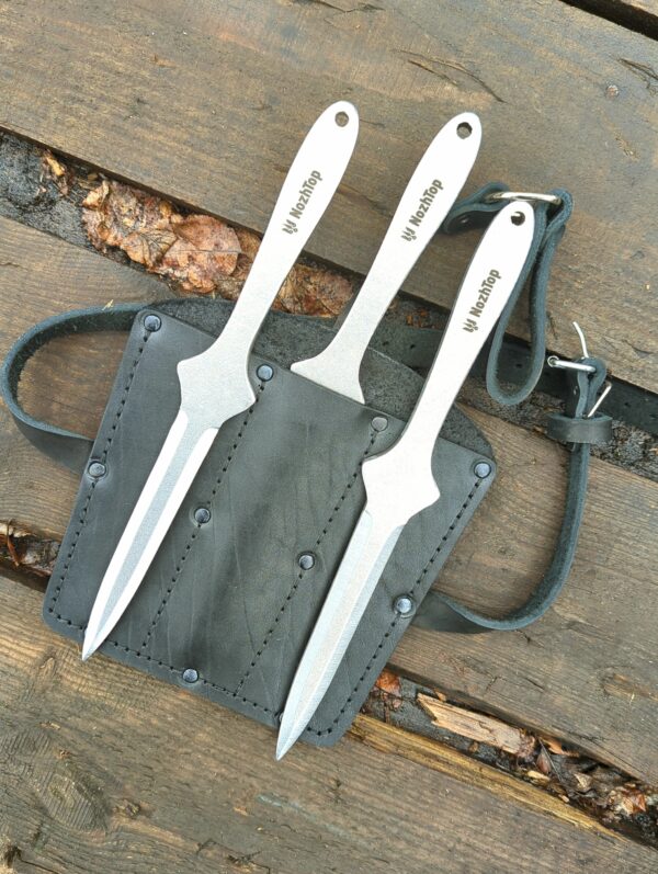 Squid Set of 3 No-Spin Throwing Knives with Sheath – 300mm (11.8in), 330g, 8mm Thick, Carbon Steel, Stonewash by NozhTop – Image 2