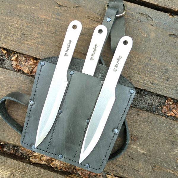 Primus Set of Throwing Knives with Sport Sheath – Black Leather, 9.8in (250mm), 250g, Swedish Spring Steel NozhTop – Image 2
