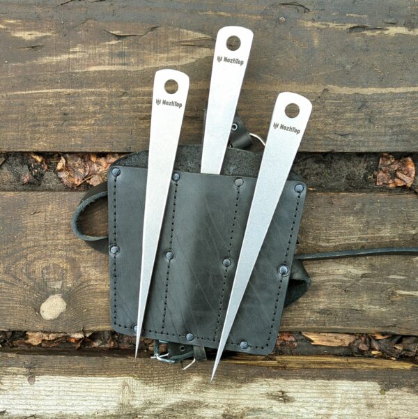Gift Set – 3 Wedge No-Spin Throwing Knives + Handmade Leather Sheath – 280mm (11in), Carbon Steel, by NozhTop – Image 2