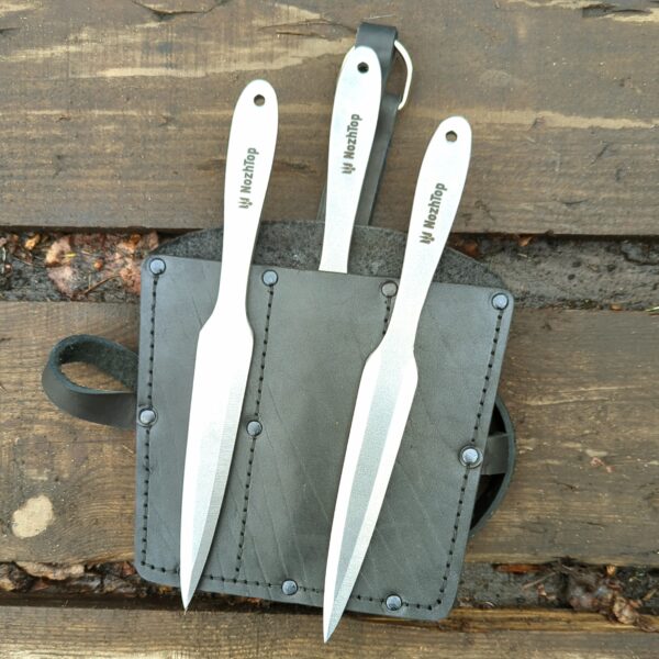 Black Leather Sheath for Throwing Knife Set – Handmade, Thick Leather, 200mm, by NozhTop – Image 5