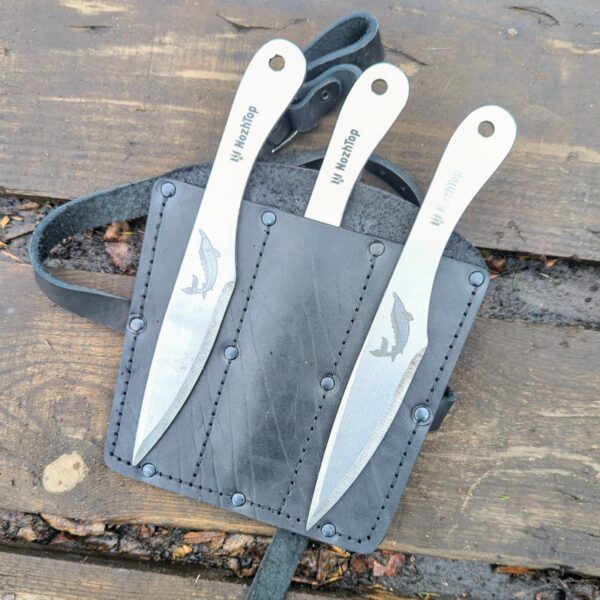 Osetr Set of 3 Throwing Knives – Color Engraved, Leather Sport Sheath, 9.8in (250mm), Swedish Spring Steel by NozhTop – Image 2
