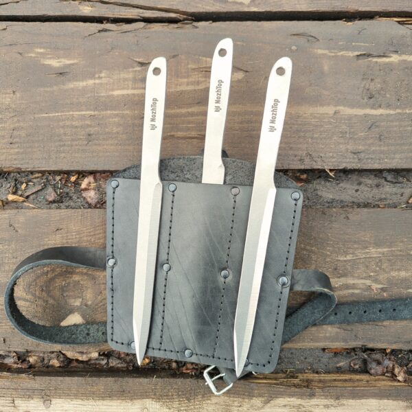 Black Leather Sheath for Throwing Knife Set – Handmade, Thick Leather, 200mm, by NozhTop – Image 4