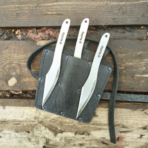 Black Leather Sheath for Throwing Knife Set – Handmade, Thick Leather, 200mm, by NozhTop – Image 3