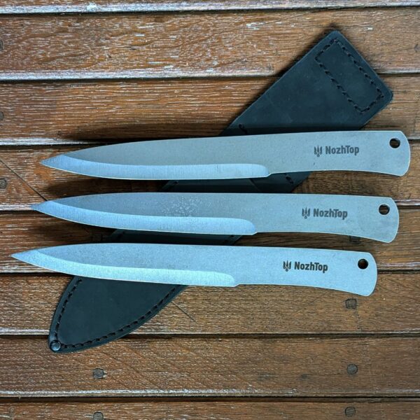 Combat Mini Throwing Knife Set – 3 Knives + Leather Sheath – 250mm (9.8in), 160g, Carbon Steel by NozhTop – Image 2